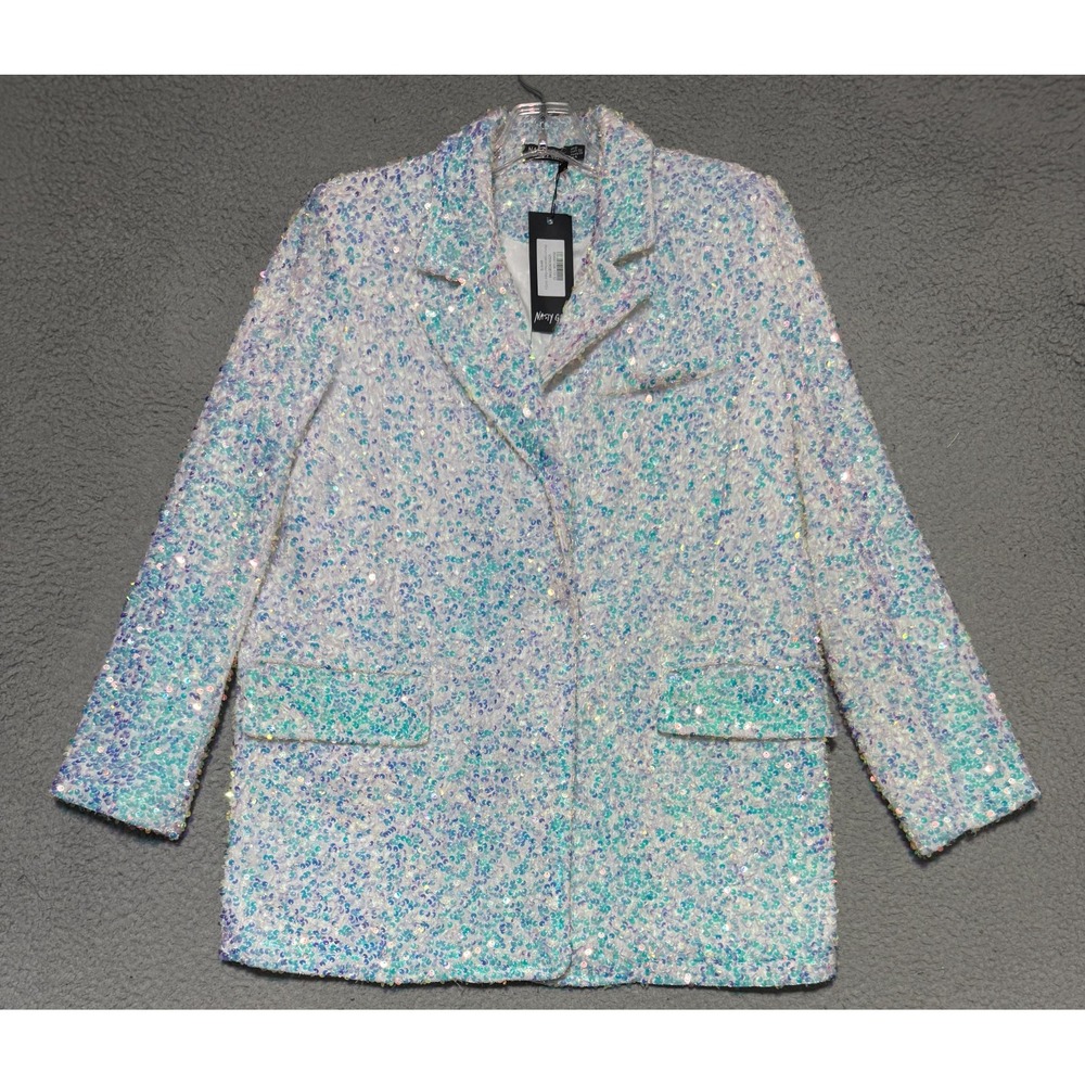 NEW Nasty Gal Premium iridescent Sequin Blazer White Womens size 0